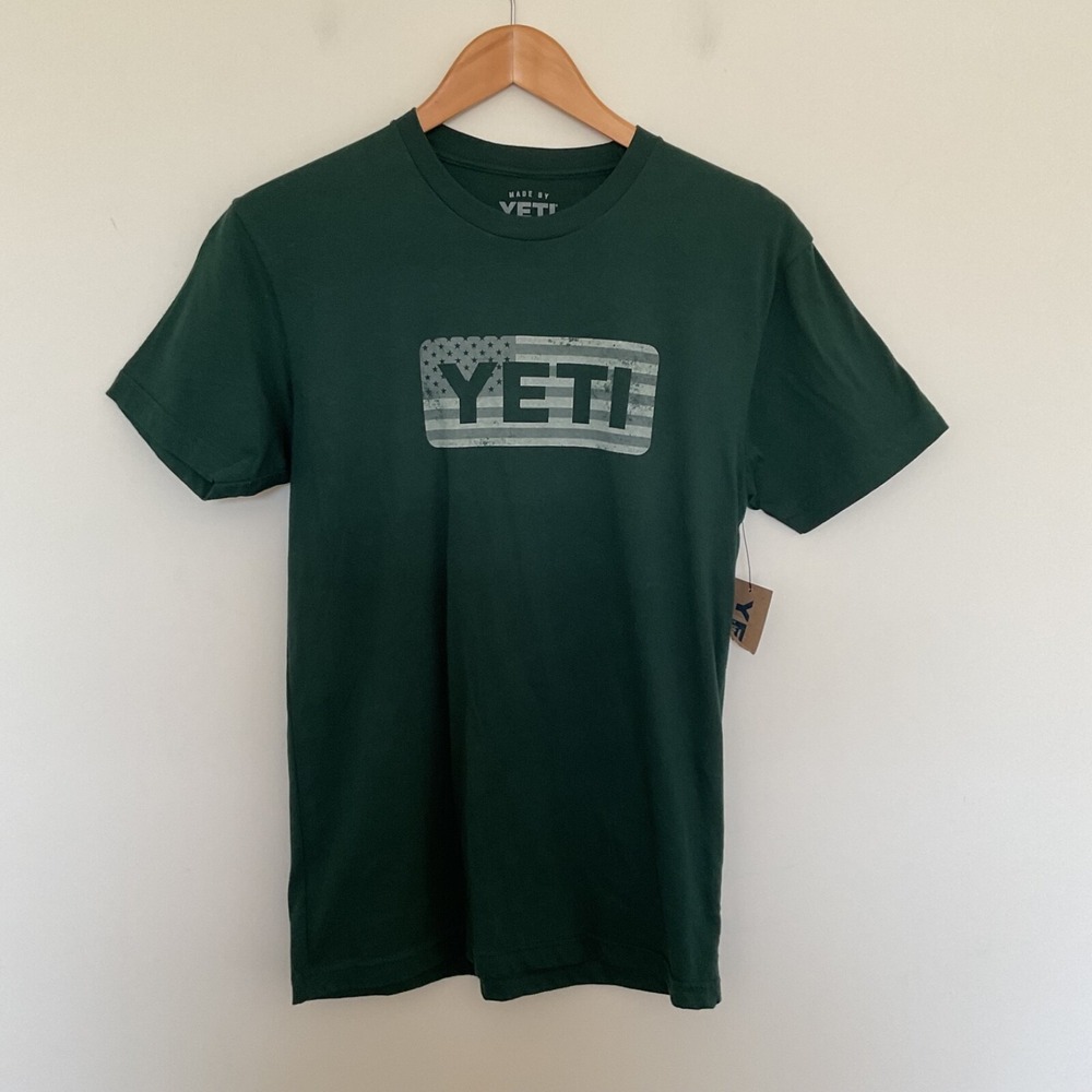Yeti American Flag Badge Short Sleeve T shirt Sz S Highlands Olive Green Patriot